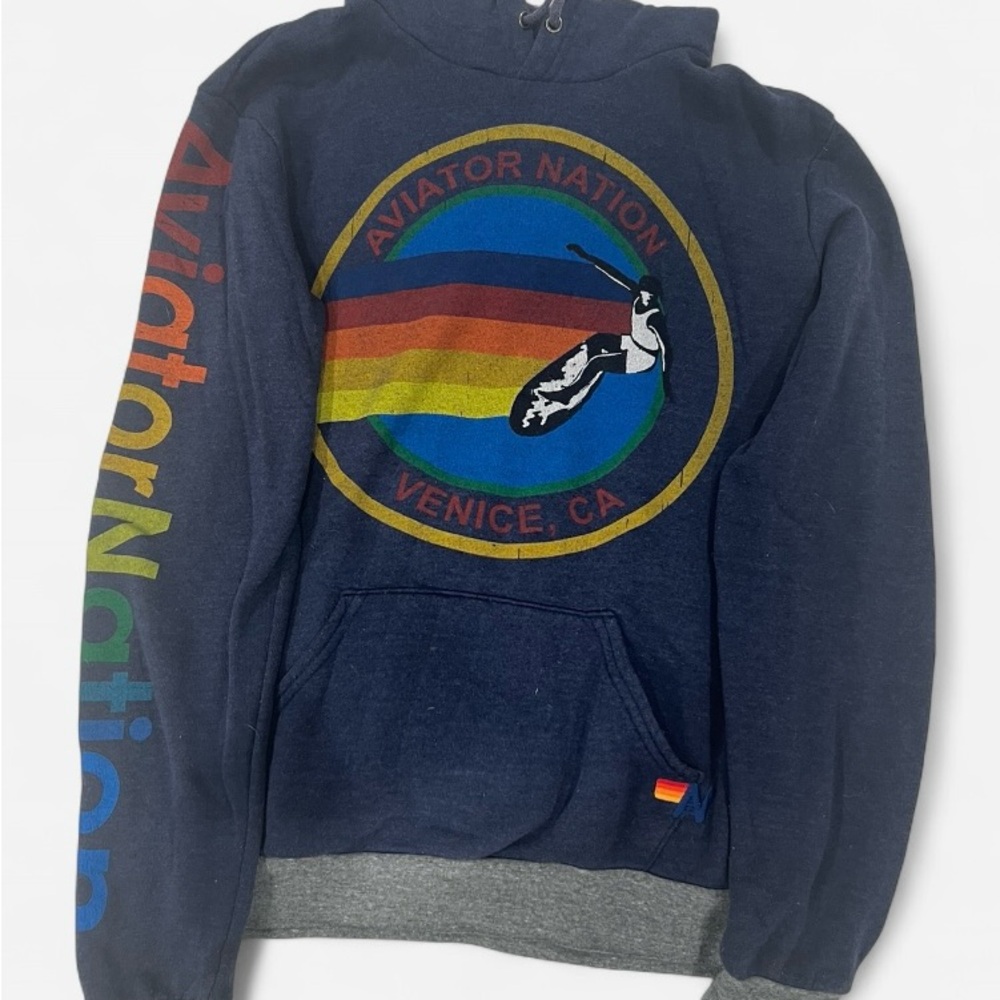 Aviator Nation Blue logo Hoodie with Rainbow Stripes